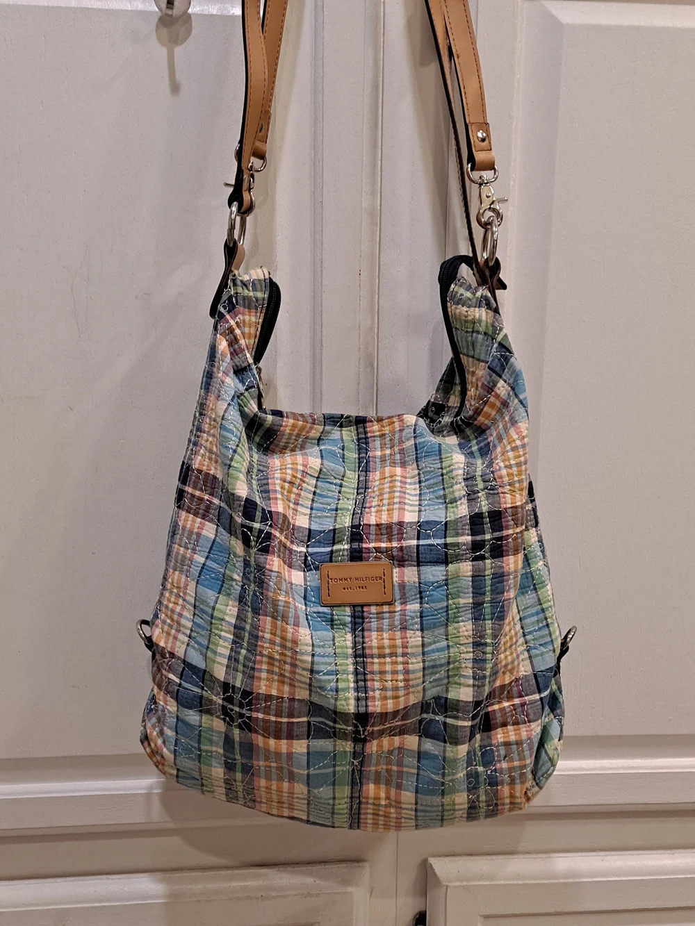 Tommy Hilfiger Madras Quilted Pastel Plaid Hobo Floral Crewel Stitch w/Tan Strap